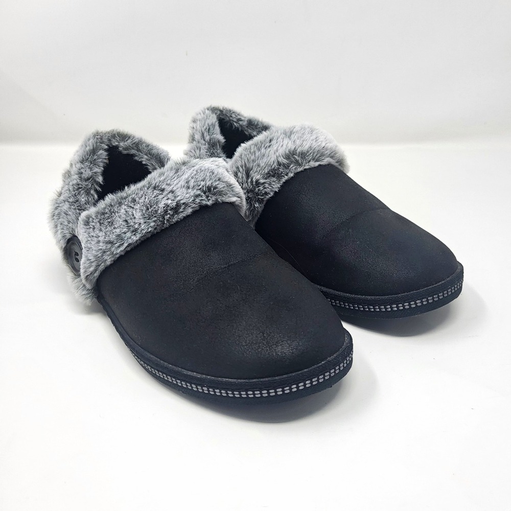 SKECHERS Memory Foam Women Slip-On Slippers Black Faux Fur Lined Size 8